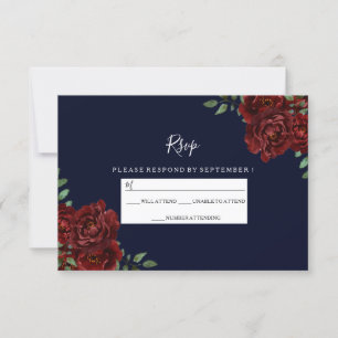 Romantic Navy & Red Rose Wedding RSVP Card