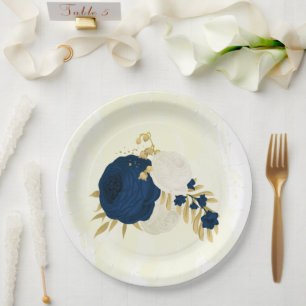 Romantic navy & white flowers gold paper plate