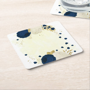 Romantic navy & white flowers gold square paper coaster