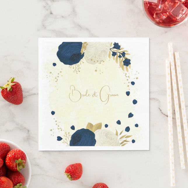 Romantic navy & white flowers gold wedding napkin (Insitu)