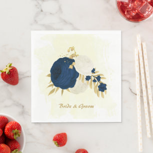 Romantic navy & white flowers gold wedding napkin