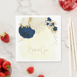 Romantic navy & white flowers gold wedding napkin