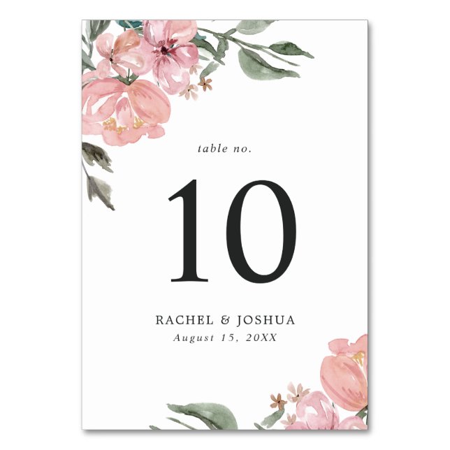 Romantic Neutral Blush Watercolor Floral | Wedding Table Number (Front)