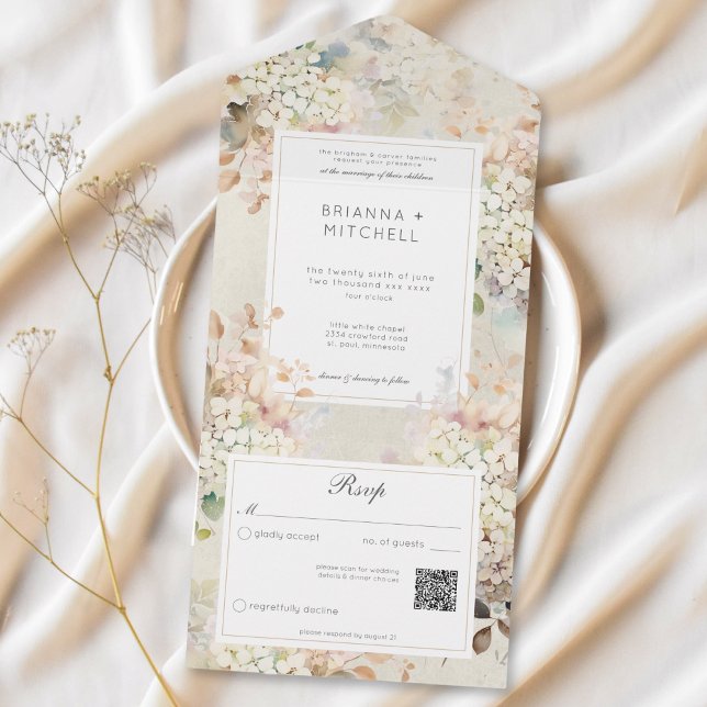 Romantic Neutral Vintage Hydrangeas QR Code All In One Invitation (Romantic Neutral Vintage Hydrangeas QR Code All In One Invitation)