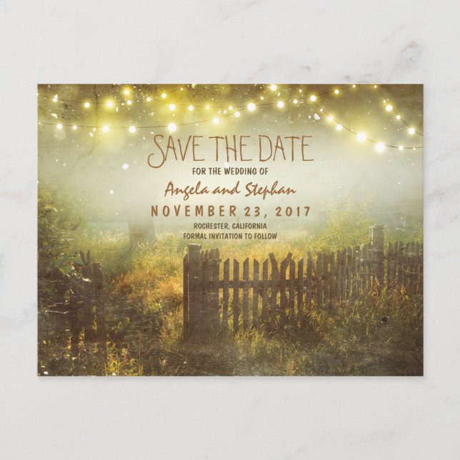 romantic night lights rustic save the date announcement postcard (Front)