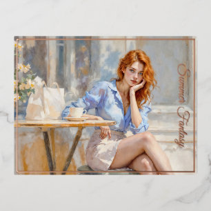 Romantic oil art blue eyed girl soft pastel shades foil holiday postcard