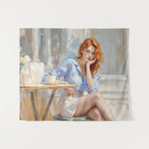 Romantic oil art blue eyed girl soft pastel shades tapestry