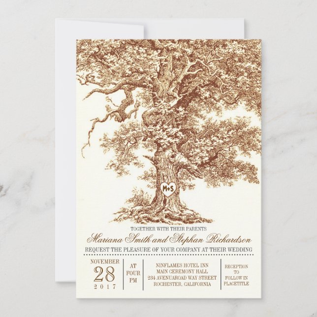 Romantic old oak tree rustic wedding invitation (Front)