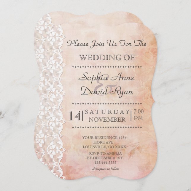 Romantic Old Paper With Roses and Lace Wedding Invitation (Front/Back)