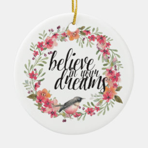 Romantic Oleander Bird Pink Floral Dream Ceramic Ornament