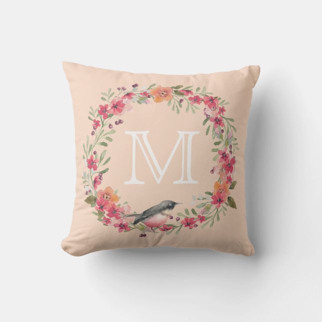Romantic Oleander Bird Pink Floral Monogram Cushion (Front)