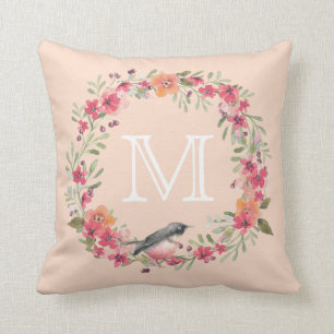 Romantic Oleander Bird Pink Floral Monogram Cushion
