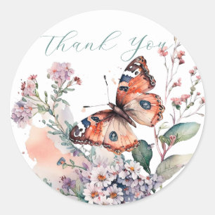 Romantic orange butterfly thank you classic round sticker