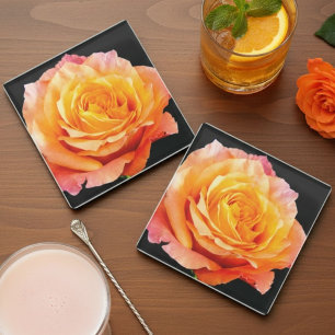 Romantic Orange English Rose Glass Coaster