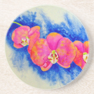 Romantic orange pink watercolor orchid painting coaster