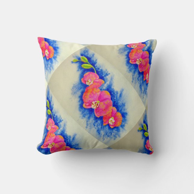 Romantic orange pink watercolor orchid painting  cushion (Front)