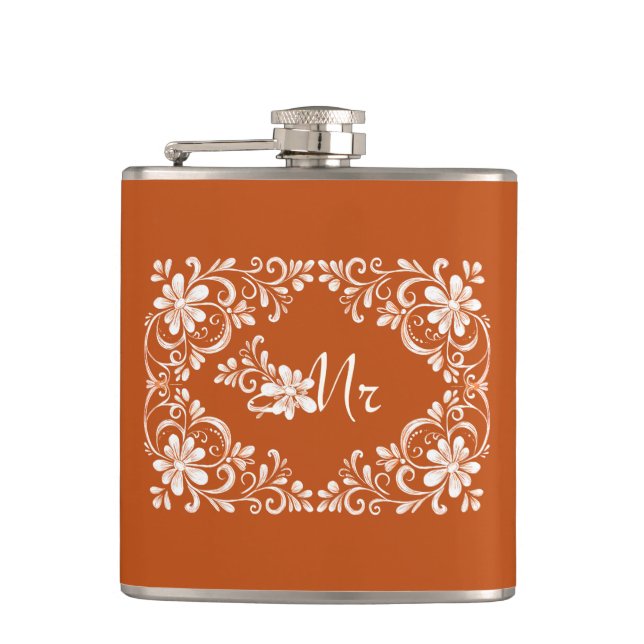 Romantic Orange Shabby Chic Mr Wedding Flask (Front)