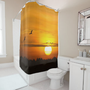 Romantic orange sunset with birds photo shower curtain