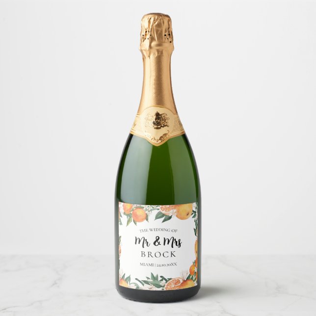 Romantic Oranges Citrus Wedding Sparkling Wine Label (Front)
