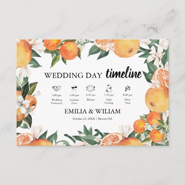 Romantic Oranges Citrus Wedding Timeline Enclosure Card (Front)