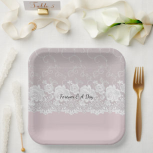 Romantic Orchid Pink White Lace Floral Wedding Paper Plate