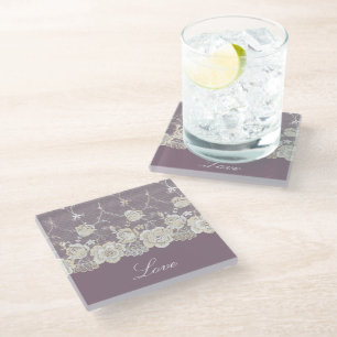Romantic Orchid Purple Floral Love Glass Coaster