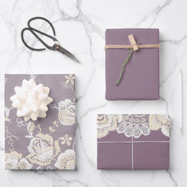 Romantic Orchid Purple White Lace Floral Wedding Wrapping Paper Sheet (Front)