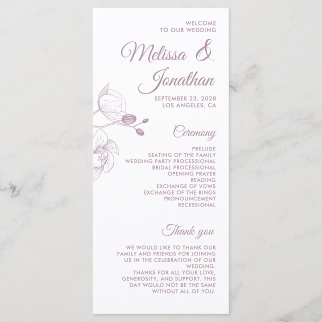 Romantic orchids elegant modern wedding program (Front)