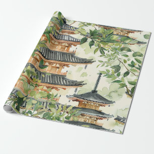 Romantic Pagoda Forest Coral Chinoiserie Wrapping Paper