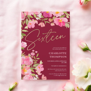 Romantic Painted Pink Floral burgundy Sweet 16 Invitation