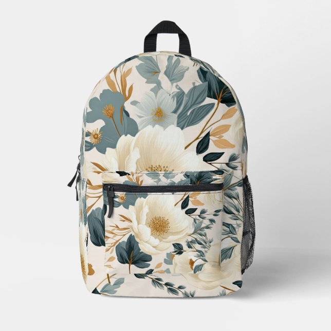 Romantic Painterly White and Blue Flowers Printed Backpack (Front)