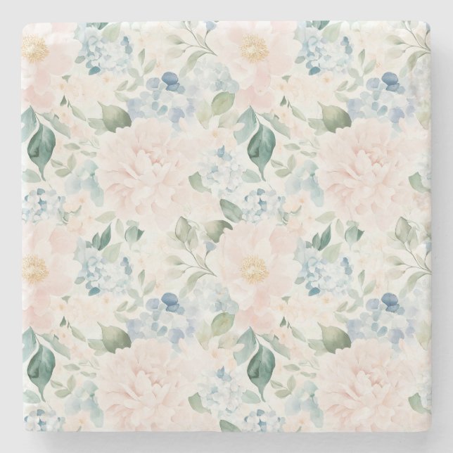 Romantic Pale Blue Blush Pink Flowers Stone Coaster (Front)