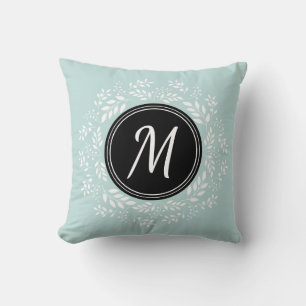 Romantic Pale Blue Floral Black Custom Monogram Cushion