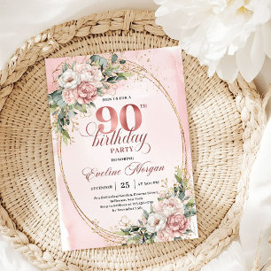 Romantic Pale Pink Gold Greenery 90th Birthday   Invitation