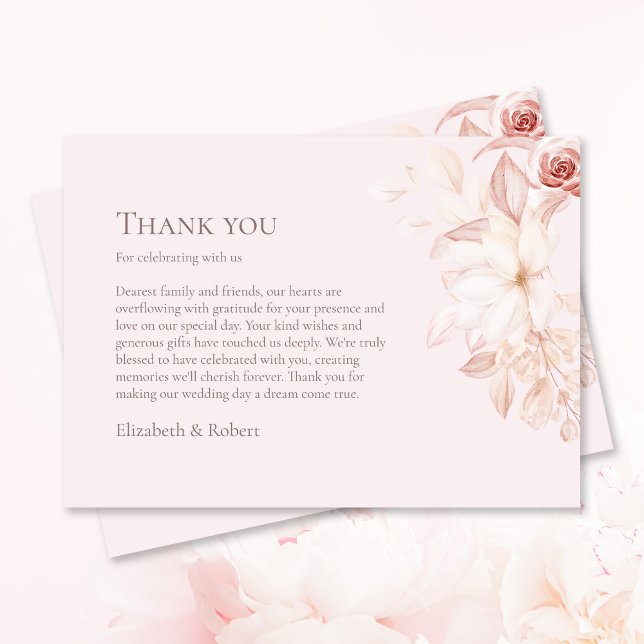 Romantic Pale Pink Roses Wedding Thank You Card (Romantic Pale Pink Roses Wedding Thank You Card on pink table with roses.)