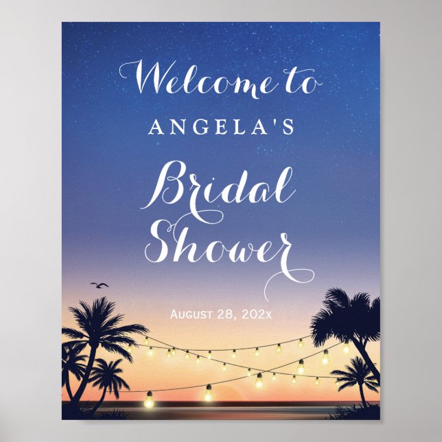 Romantic Palm Beach String Lights Bridal Shower Poster (Front)