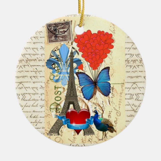 Romantic Paris collage Ceramic Ornament (Front)