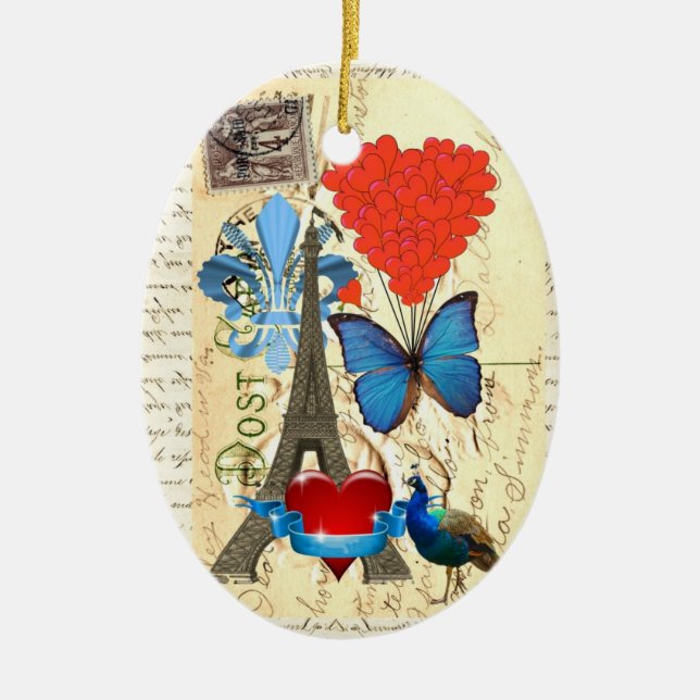 Romantic Paris collage Ceramic Tree Decoration (Front)