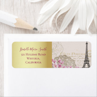 Romantic Paris Eiffel Tower Pink Blossoms Gold Return Address Label