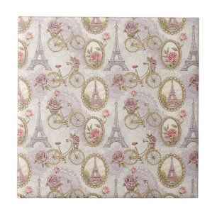 Romantic Paris Eiffel Tower & Roses Floral Design Ceramic Tile