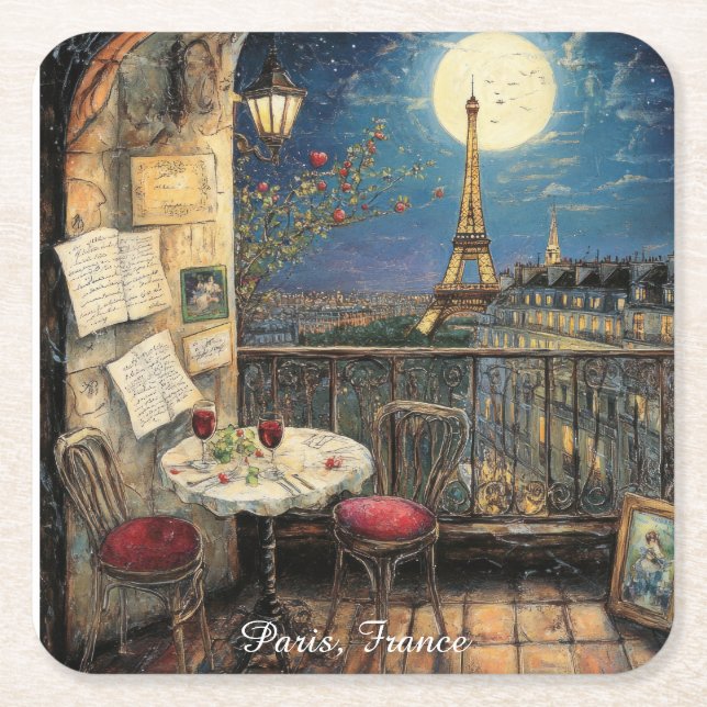 Romantic Paris France Eiffel Tower Illustration Square Paper Coaster (Front)