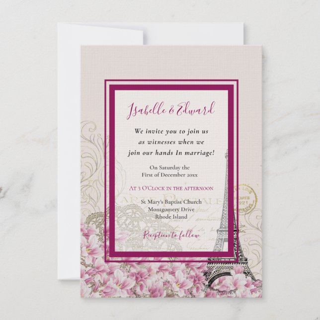 Romantic Paris In Springtime Burgundy Pink Blossom Invitation (Front)