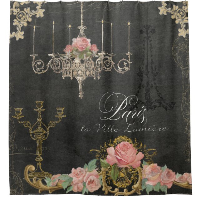 Romantic Paris Parisian Rose Chandelier Chalkboard Shower Curtain (Front)