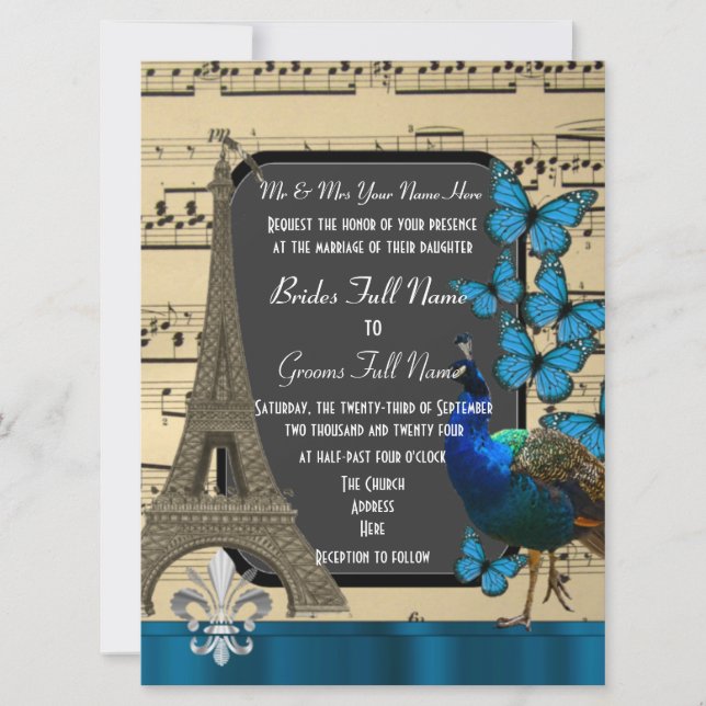 Romantic Paris, peacock and butterflies wedding Invitation (Front)