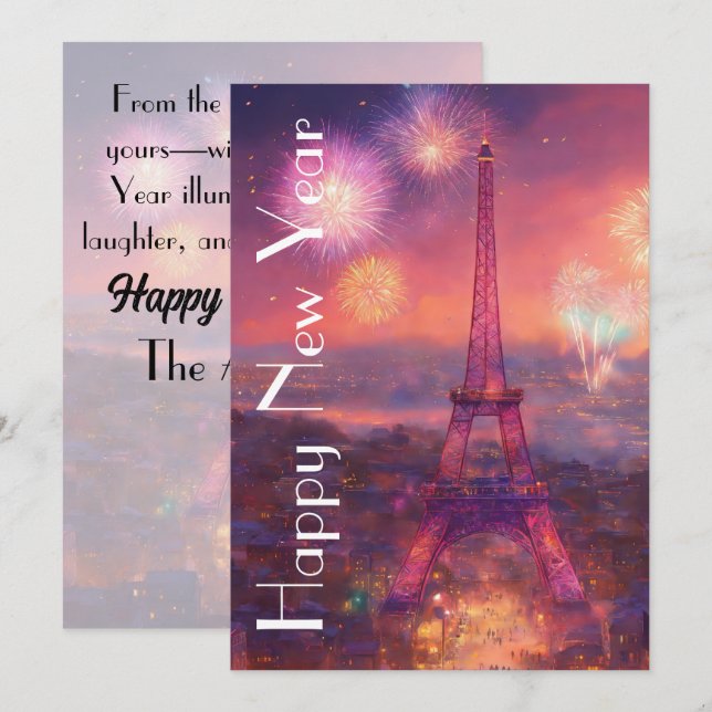 Romantic Paris Skyline New Year Wishes Holiday Card (Front/Back)