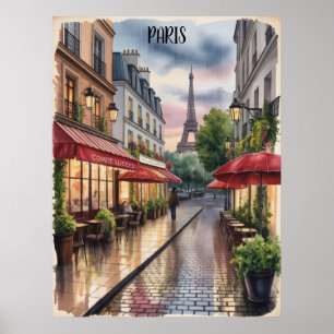 Romantic Paris Street Eiffel Tower Watercolor Poster