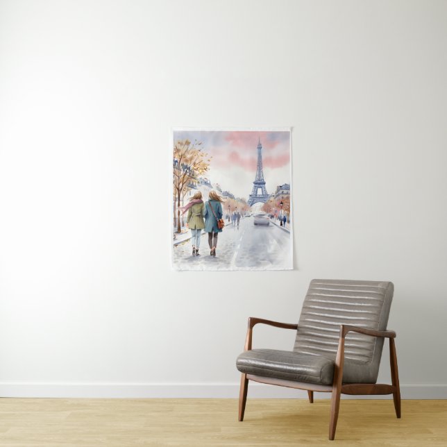 Romantic Paris Street Scene Print Tapestry (In Situ)