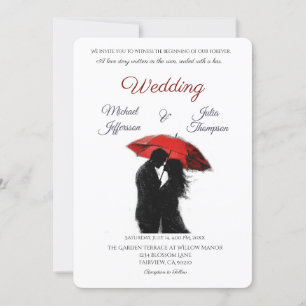 Romantic Parisian Red Umbrella Love Silhouette Invitation