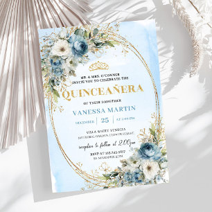 Romantic Pastel Blue Gold Eucalyptus Quinceañera Invitation