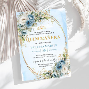 Romantic Pastel Blue Gold Eucalyptus Quinceañera Invitation